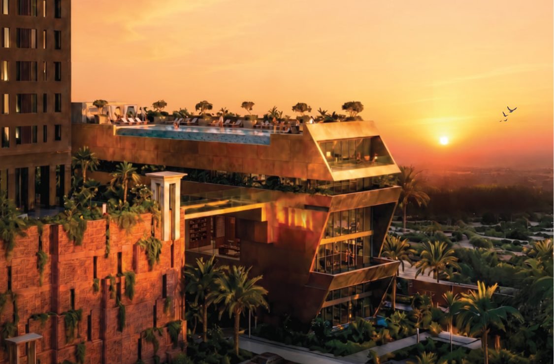 Brigade Barcelona five-level clubhouse render at sunset with rooftop infinity pool