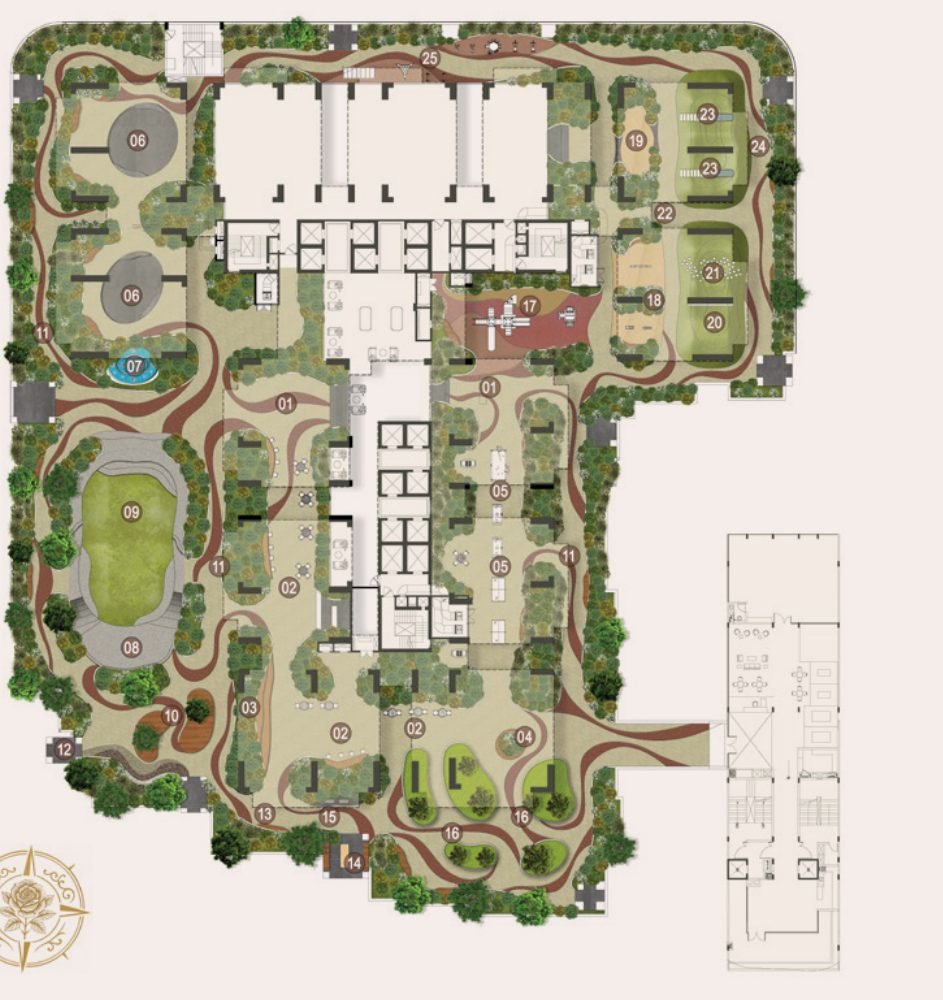 Brigade Barcelona eco deck level plan — landscaped podium with amphitheatre, cafes, play zones and gardens