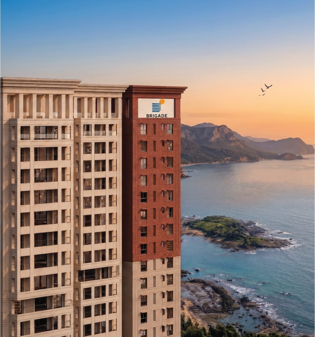 Brigade Barcelona elevation render — cream stone and red-brick tower against a coastal skyline