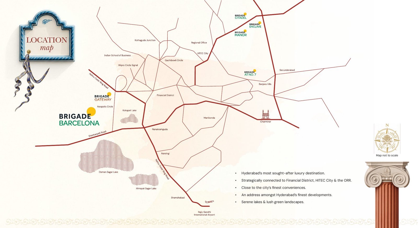 Brigade Barcelona location map — Neopolis Circle, Kokapet Lake, Financial District, Nehru Outer Ring Road, HITEC City and the airport, not to scale
