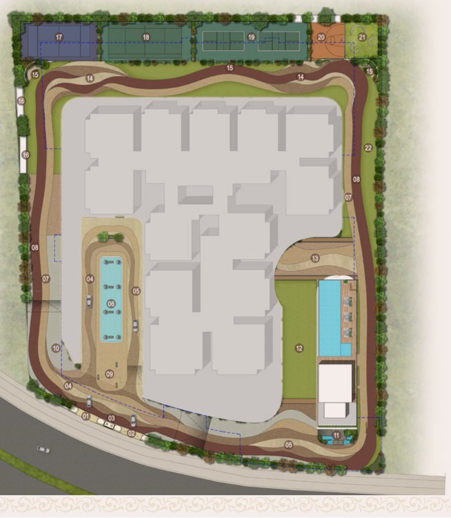Brigade Barcelona ground-level master plan — 4.04-acre Neopolis plot showing tower footprint, driveway, clubhouse, pool and sports courts
